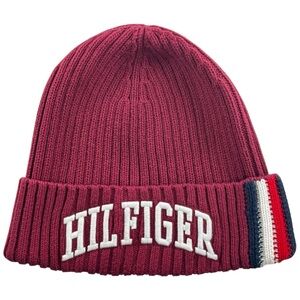 Tommy Hilfiger Burgundy Ribbed Beanie Embroidered Logo Flag Stripe